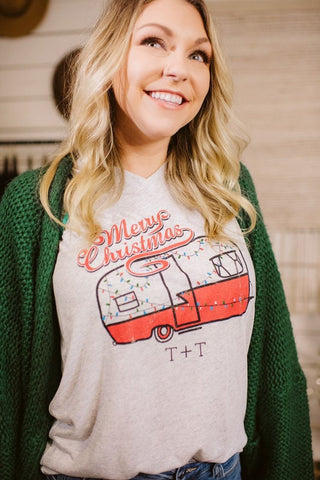Merry Christmas Camper White Fleck V-Neck - Tucked & Threaded