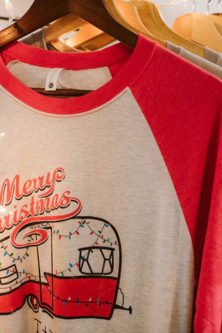 Merry Christmas Vintage Camper Red Baseball Tee - Tucked & Threaded