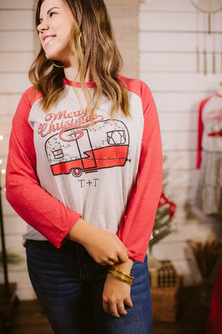 Merry Christmas Vintage Camper Red Baseball Tee - Tucked & Threaded