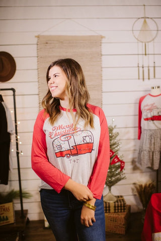Merry Christmas Vintage Camper Red Baseball Tee - Tucked & Threaded