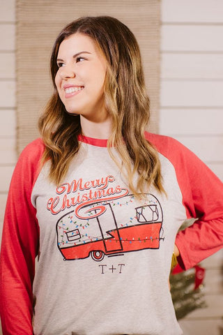 Merry Christmas Vintage Camper Red Baseball Tee - Tucked & Threaded