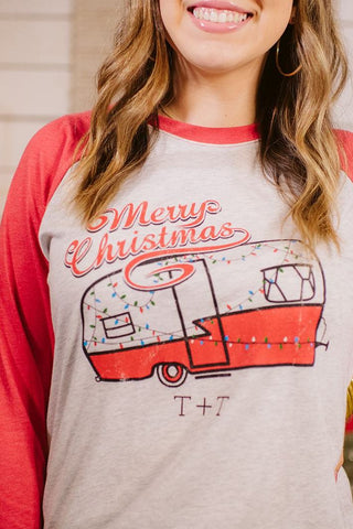 Merry Christmas Vintage Camper Red Baseball Tee - Tucked & Threaded