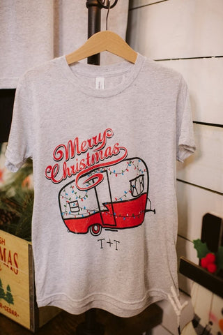 Merry Christmas Vintage Camper White Fleck Child Tee - Tucked & Threaded