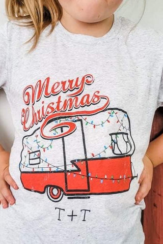 Merry Christmas Vintage Camper White Fleck Child Tee - Tucked & Threaded