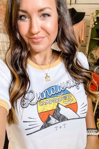 Runaway Campground Golden Ringer Tee-Small Only - Tucked & Threaded