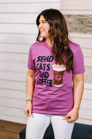 Send Cats and Coffee Magenta Tee - Tucked & Threaded