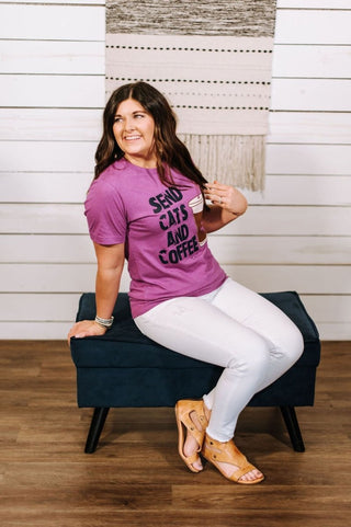 Send Cats and Coffee Magenta Tee - Tucked & Threaded