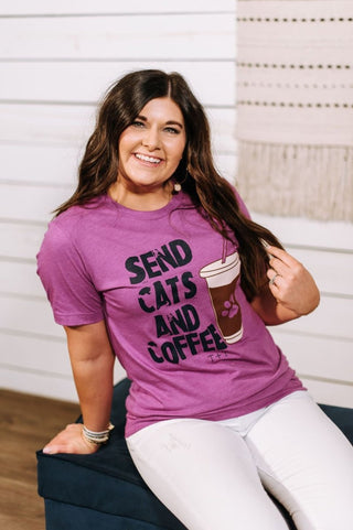 Send Cats and Coffee Magenta Tee - Tucked & Threaded