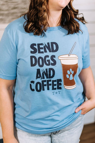 Send Dogs and Coffee Sky Blue Tee - Tucked & Threaded