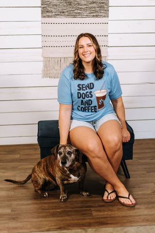 Send Dogs and Coffee Sky Blue Tee - Tucked & Threaded