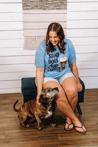 Send Dogs and Coffee Sky Blue Tee - Tucked & Threaded