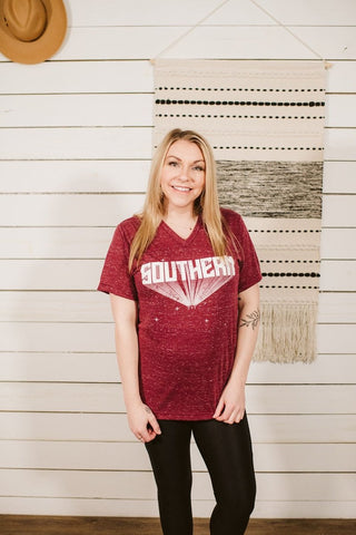 SOUTHERN Marble Maroon V-Neck Tee - Tucked & Threaded