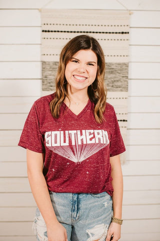 SOUTHERN Marble Maroon V-Neck Tee - Tucked & Threaded