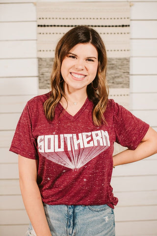 SOUTHERN Marble Maroon V-Neck Tee - Tucked & Threaded
